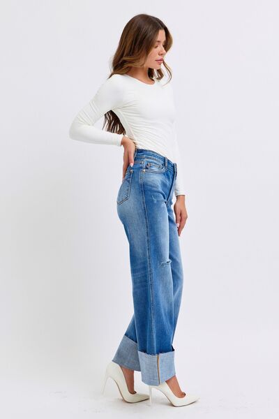 Judy Blue Full Size Distressed High Waist Wide Leg Jeans - Jsopretty.com