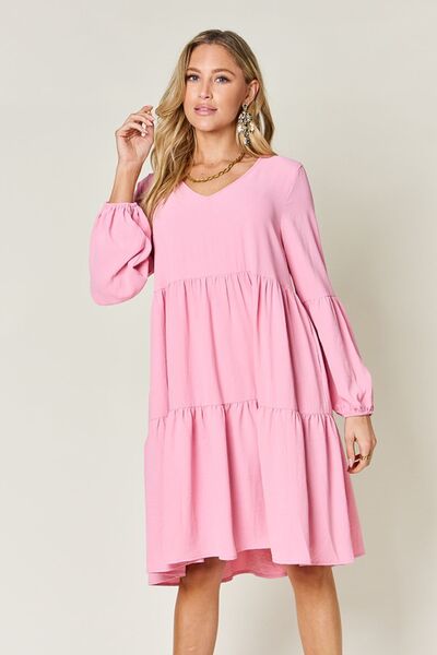 Double Take Full Size V-Neck Balloon Sleeve Tiered Dress with Pockets - Jsopretty.com