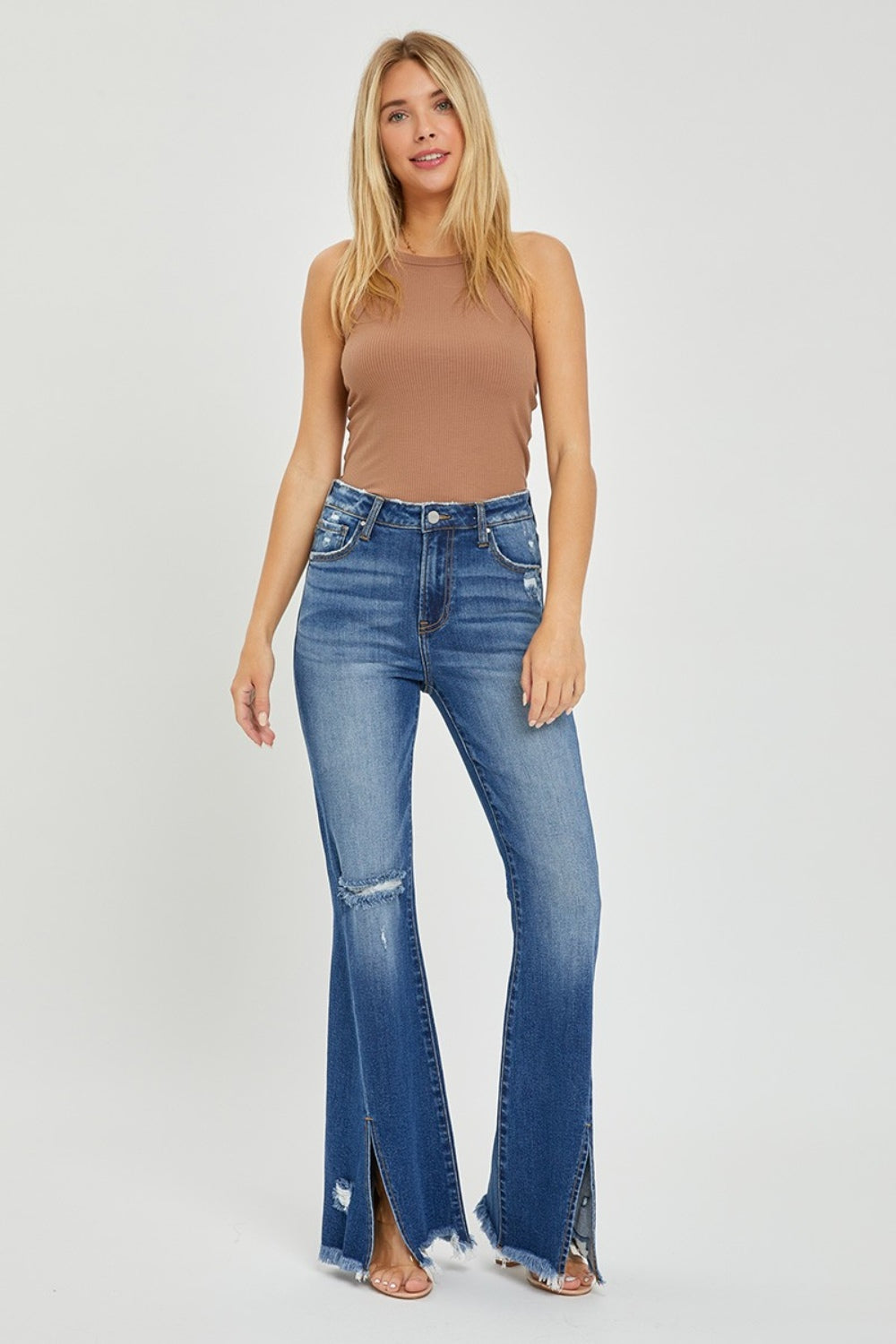 RISEN Full Size High Rise Front Slit Frayed Hem Flare Jeans - Jsopretty.com