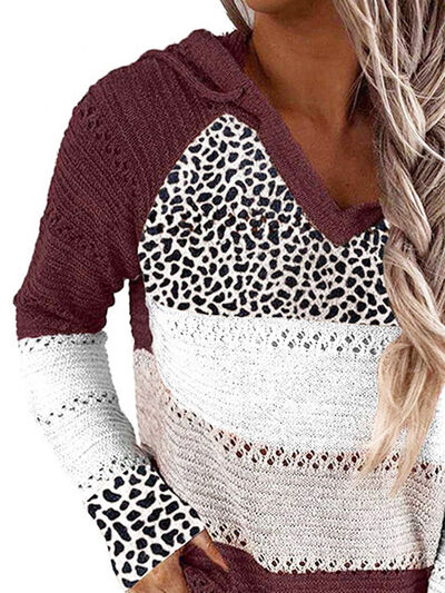 Full Size Openwork Leopard Drawstring Hooded Sweater - Jsopretty.com