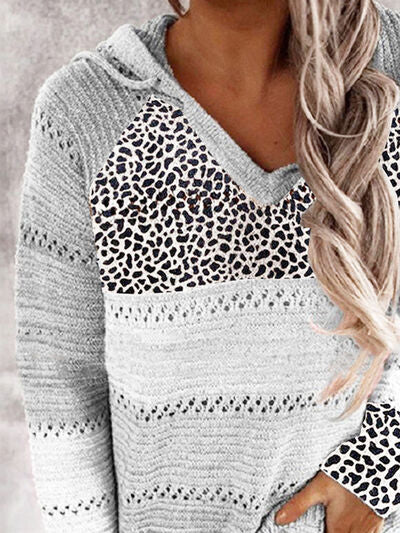 Full Size Openwork Leopard Drawstring Hooded Sweater - Jsopretty.com