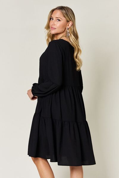 Double Take Full Size V-Neck Balloon Sleeve Tiered Dress with Pockets - Jsopretty.com