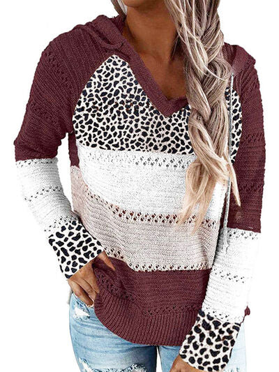 Full Size Openwork Leopard Drawstring Hooded Sweater - Jsopretty.com