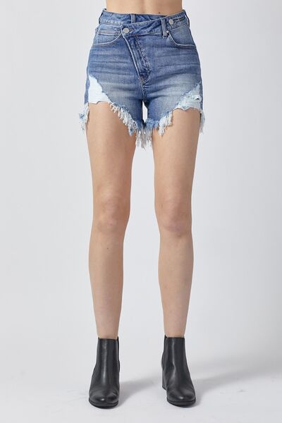 RISEN Raw Hem Asymmetrical Waist Denim Shorts - Jsopretty.com