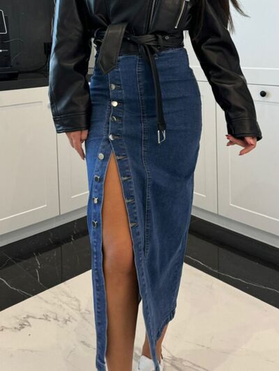 Front Button Slit Midi Denim Skirt - Jsopretty.com