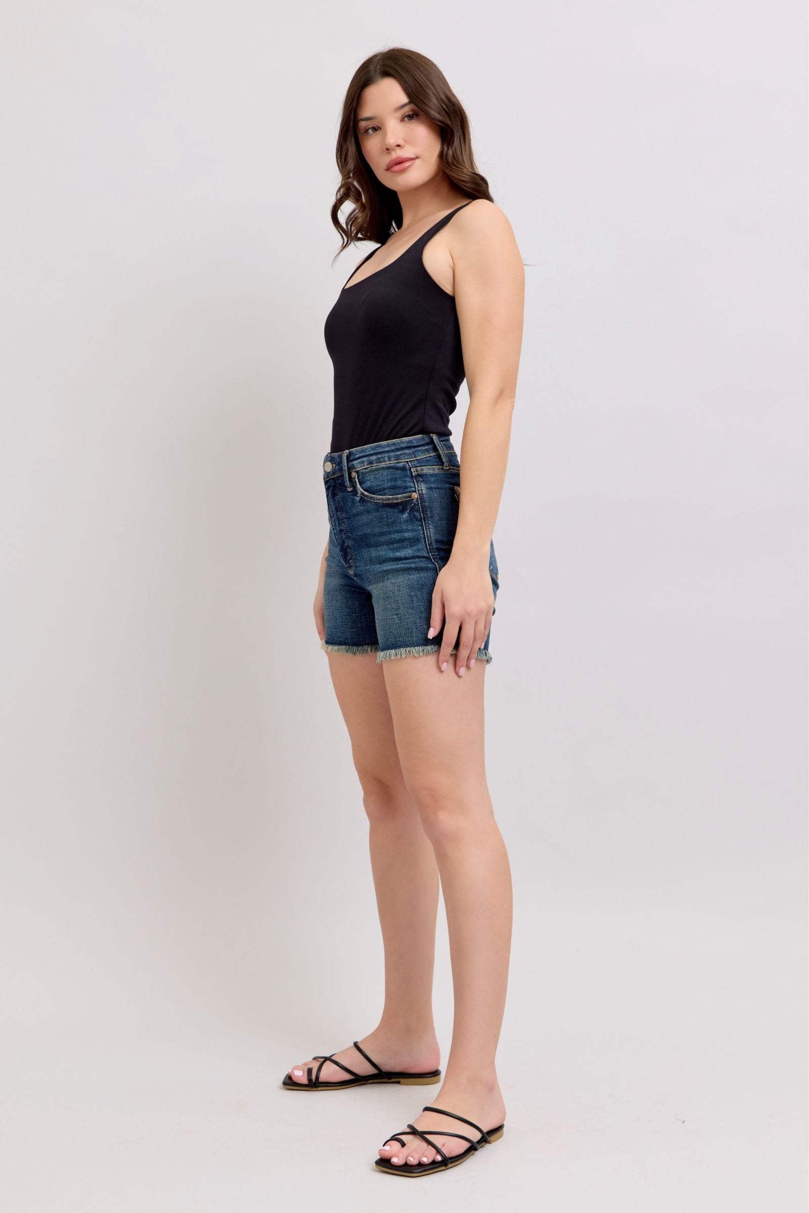 Judy Blue Tummy Control Fray Hem & Shield Back Pockets Denim Shorts - Jsopretty.com