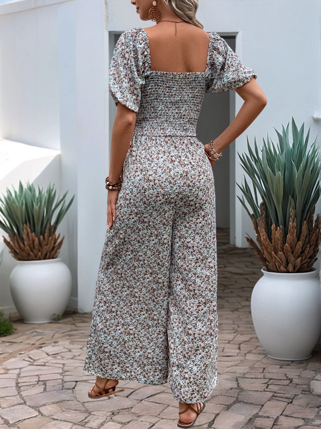 Perfee Ditsy Floral Smocked Square Neck Puff Sleeve Jumpsuit - Jsopretty.com