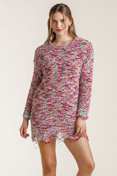 Umgee Full Size Distressed Hem Multicolored Round Neck Knit Tunic Dress Plus Size - Jsopretty.com