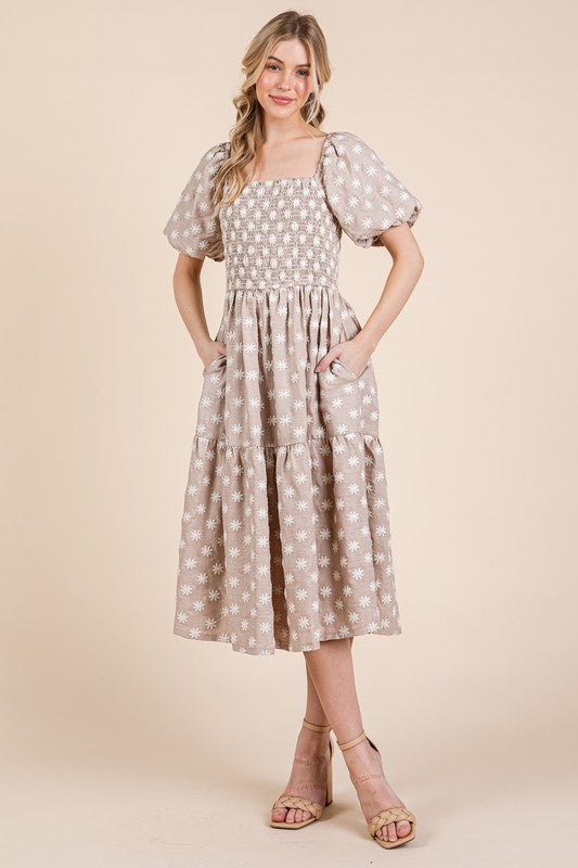 GeeGee Floral Embroidered Smocked Puff Sleeve Tiered Midi Dress - Jsopretty.com