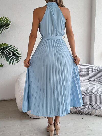 Grecian Neck Tie Waist Pleated Dress - Jsopretty.com