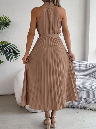 Grecian Neck Tie Waist Pleated Dress - Jsopretty.com