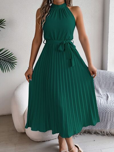 Grecian Neck Tie Waist Pleated Dress - Jsopretty.com