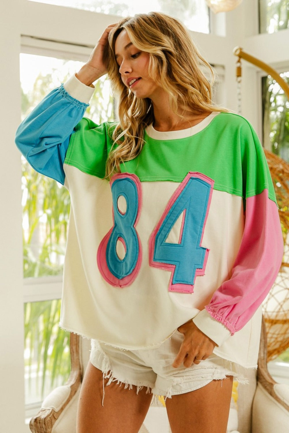 BiBi Color Block Patched Long Sleeve Top - Jsopretty.com