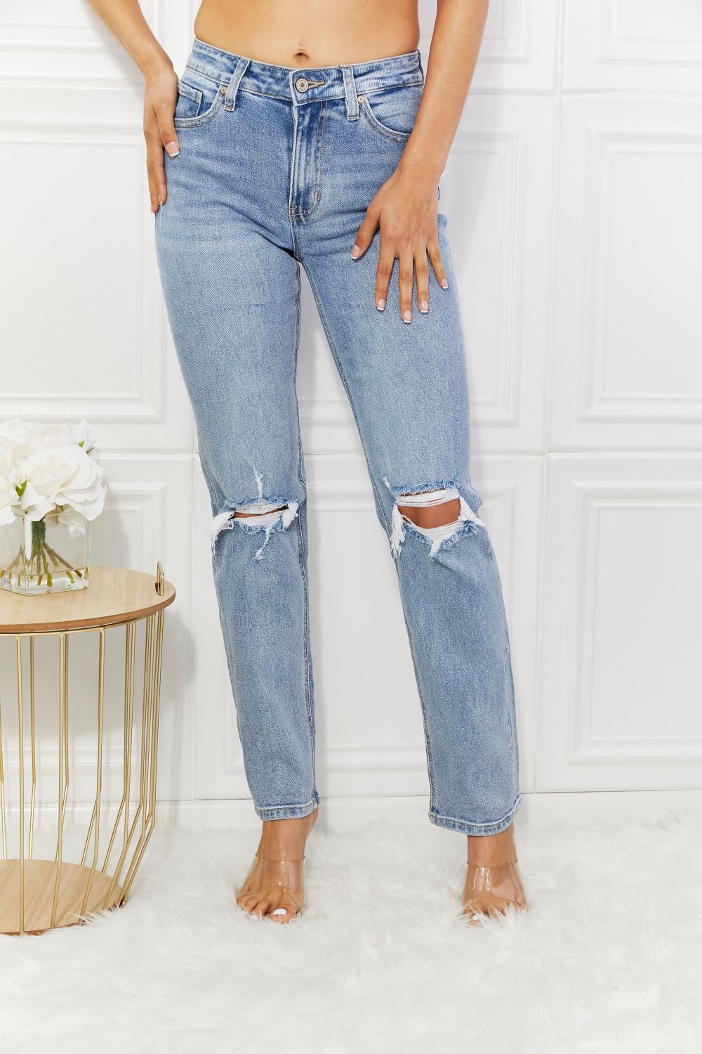 Kancan High Rise Distressed Slim Straight Jeans - Jsopretty.com