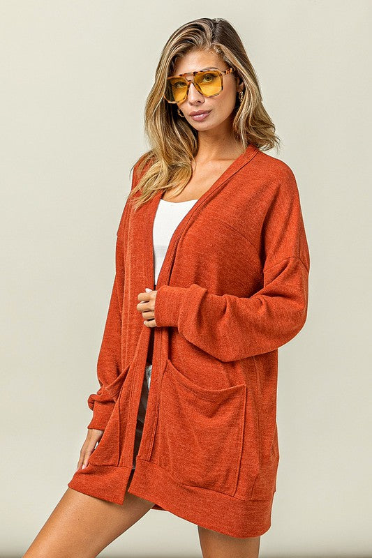 BiBi Open Front Drop Shoulder Cardigan with Pockets - Jsopretty.com