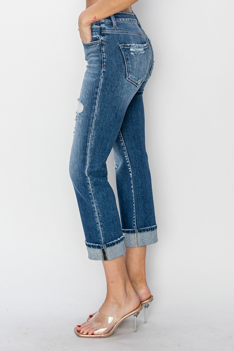 RISEN Full Size Cuffed Ankle Distressed Straight Jeans - Jsopretty.com