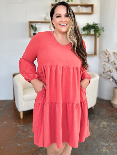 Double Take Full Size V-Neck Balloon Sleeve Tiered Dress with Pockets - Jsopretty.com