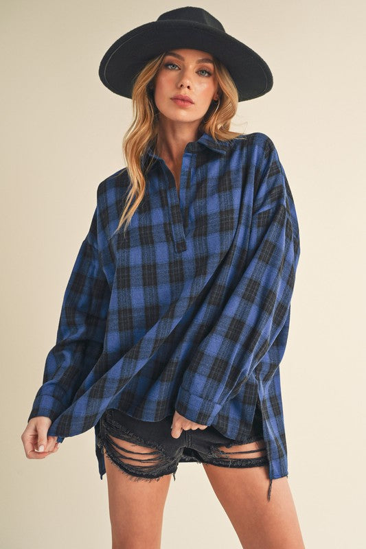 Aemi + Co Side Slit High-Low Plaid Long Sleeve Polo Shirt - Jsopretty.com