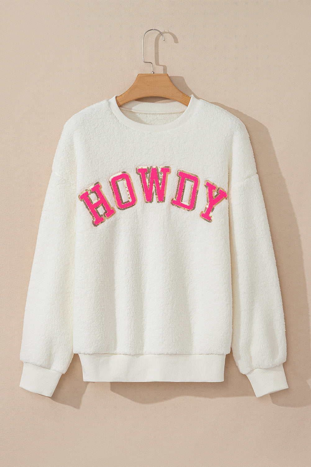 HOWDY Patched Round Neck Sherpa Sweatshirt - Jsopretty.com