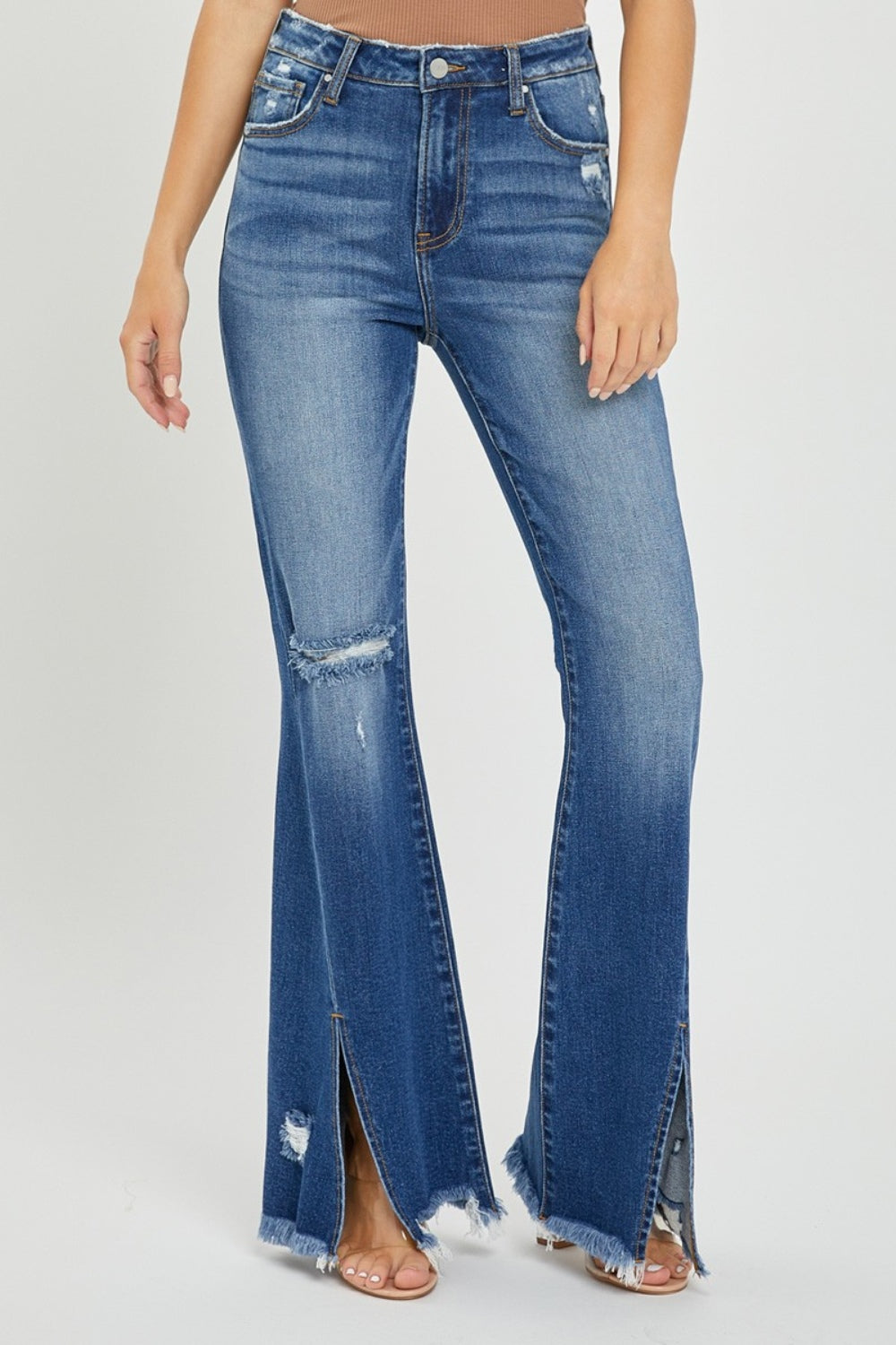 RISEN Full Size High Rise Front Slit Frayed Hem Flare Jeans - Jsopretty.com