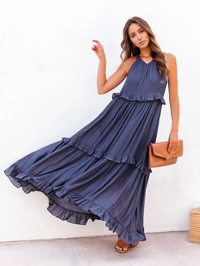 Ruffled Sleeveless Tiered Maxi Dress with Pockets - Jsopretty.com