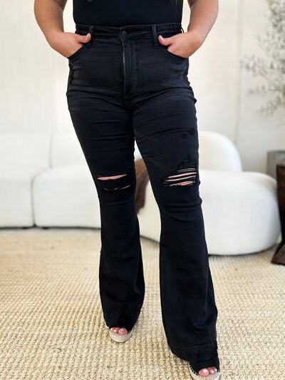 Judy Blue Full Size High Waist Distressed Flare Jeans - Jsopretty.com