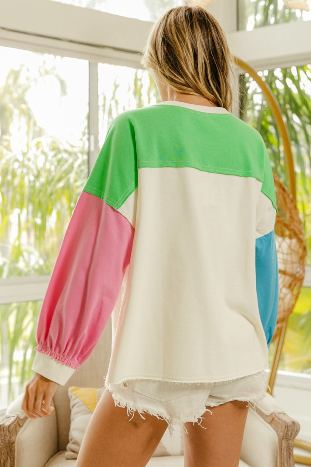 BiBi Color Block Patched Long Sleeve Top - Jsopretty.com