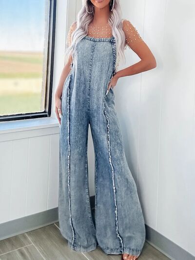 Exposed Seam Washed Wide Leg Denim Overalls - Jsopretty.com