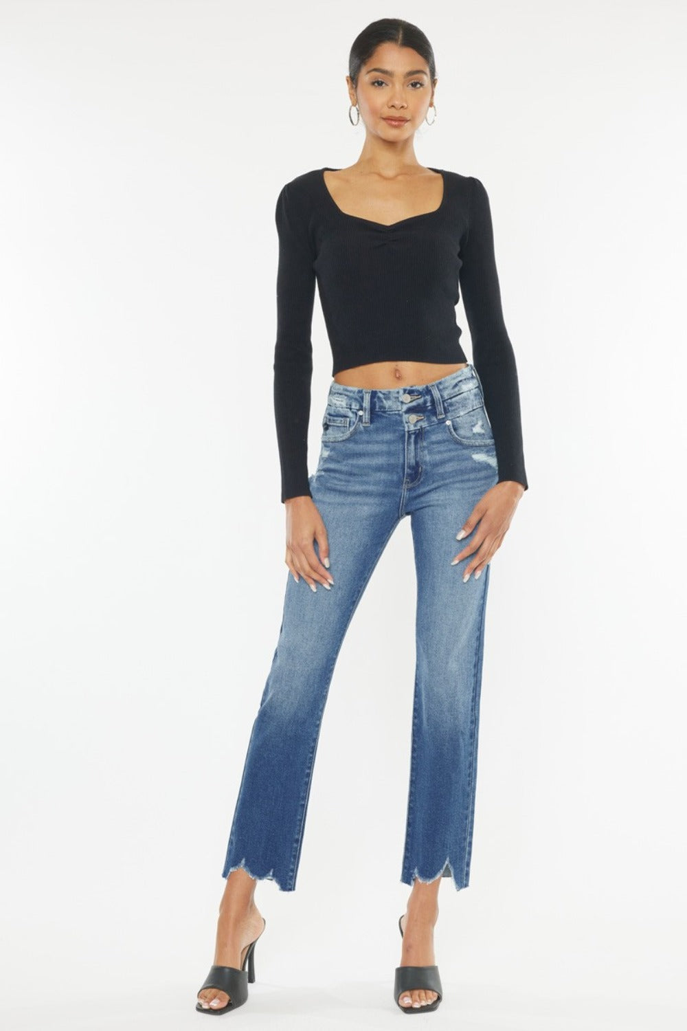 Kancan High Rise Wide Waistband Slim Straight Jeans - Jsopretty.com