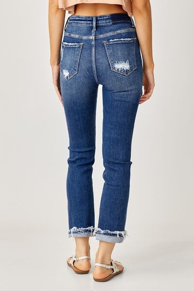 Risen Full Size High-Rise Frayed Cuffed Straight Jeans - Jsopretty.com