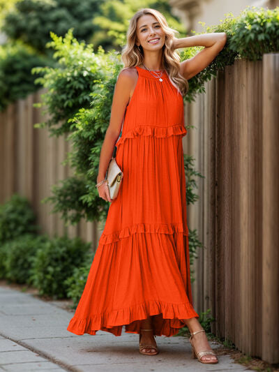 Ruffled Sleeveless Tiered Maxi Dress with Pockets - Jsopretty.com