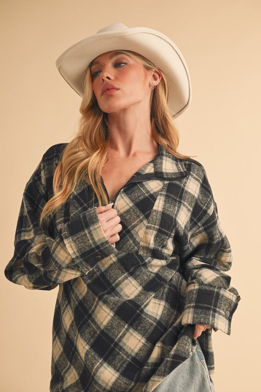 Aemi + Co Slit Plaid Half Zip Drop Shoulder Top - Jsopretty.com