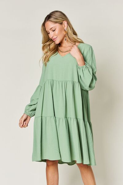 Double Take Full Size V-Neck Balloon Sleeve Tiered Dress with Pockets - Jsopretty.com