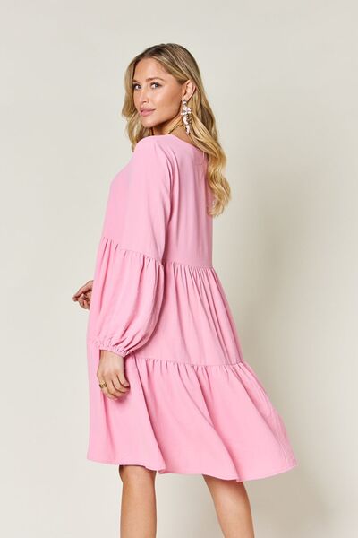 Double Take Full Size V-Neck Balloon Sleeve Tiered Dress with Pockets - Jsopretty.com