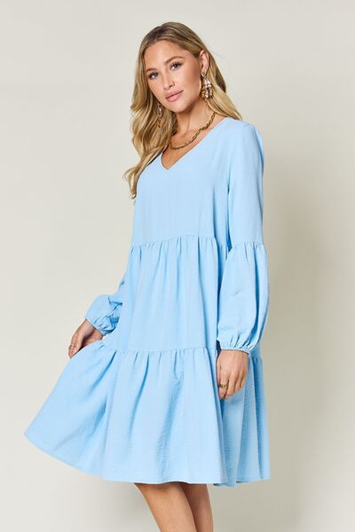 Double Take Full Size V-Neck Balloon Sleeve Tiered Dress with Pockets - Jsopretty.com