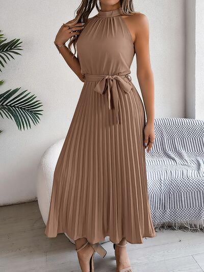 Grecian Neck Tie Waist Pleated Dress - Jsopretty.com