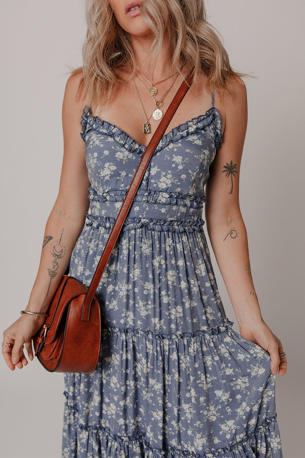 Floral Spaghetti Strap Frilled V Neck Tiered Midi Dress - Jsopretty.com