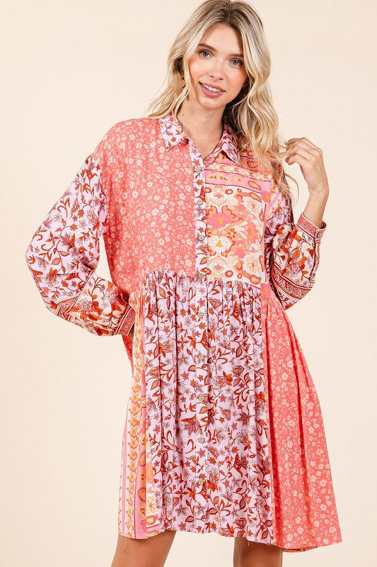 Mittoshop Floral Button Detail Long Sleeve Shirt Dress - Jsopretty.com