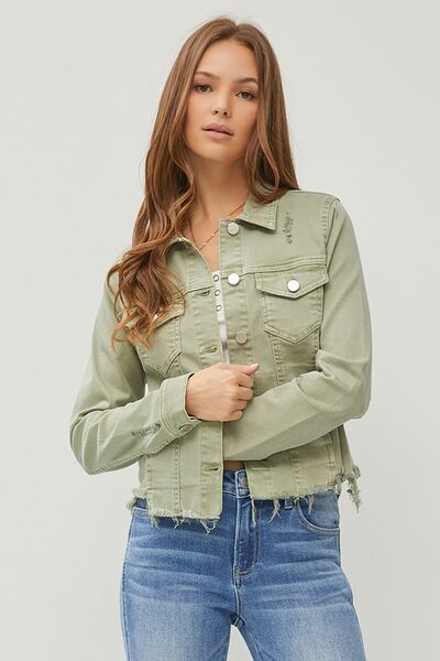 RISEN Full Size Raw Hem Button Up Cropped Denim Jacket Plus Size - Jsopretty.com