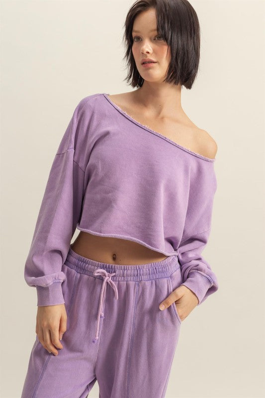 HYFVE Frayed Detail Boat Neck Long Sleeve Crop Top - Jsopretty.com