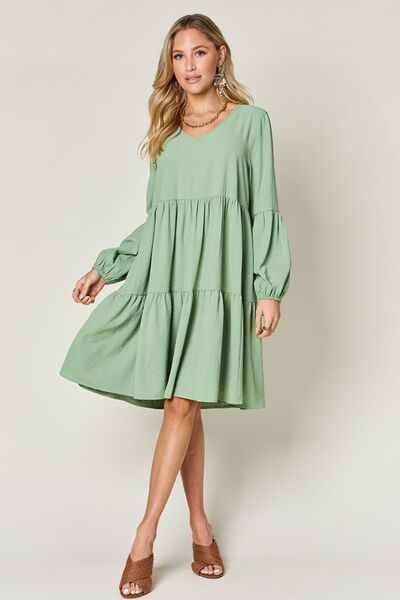 Double Take Full Size V-Neck Balloon Sleeve Tiered Dress with Pockets - Jsopretty.com