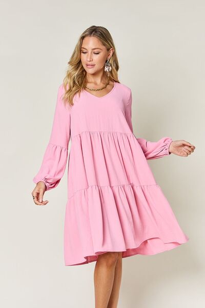 Double Take Full Size V-Neck Balloon Sleeve Tiered Dress with Pockets - Jsopretty.com