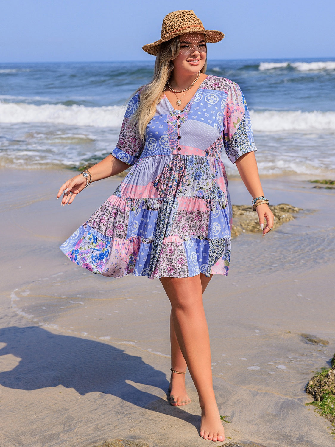 Plus Size Printed V-Neck Tiered Mini Dress - Jsopretty.com