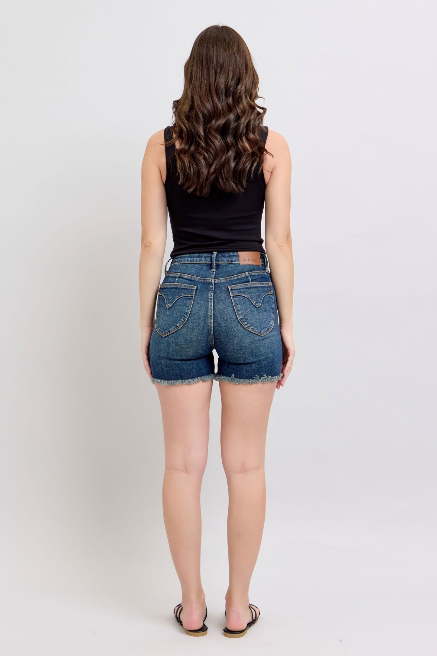 Judy Blue Tummy Control Fray Hem & Shield Back Pockets Denim Shorts - Jsopretty.com