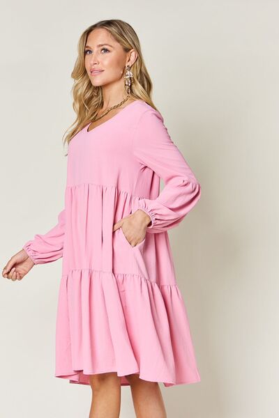 Double Take Full Size V-Neck Balloon Sleeve Tiered Dress with Pockets - Jsopretty.com