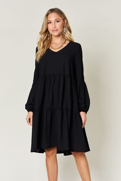 Double Take Full Size V-Neck Balloon Sleeve Tiered Dress with Pockets - Jsopretty.com