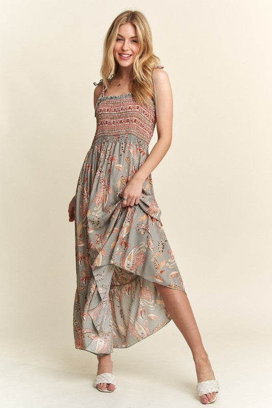 ADORA Smocked Printed Square Neck Tie Shoulder Cami Dress - Jsopretty.com