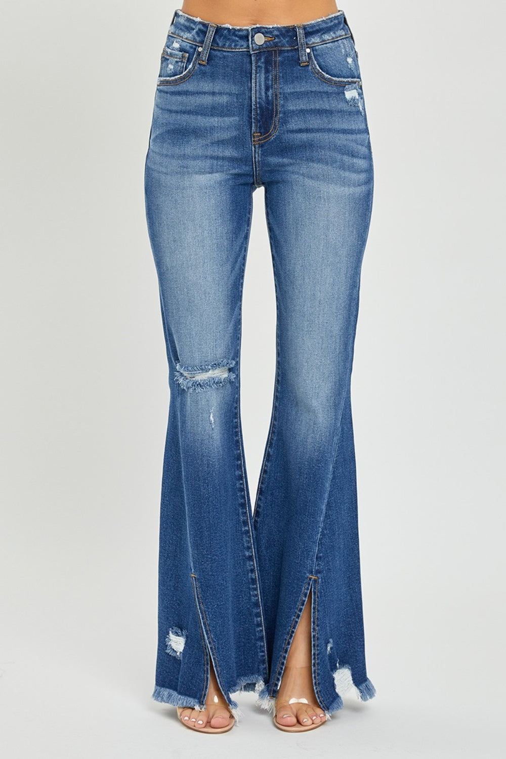 RISEN Full Size High Rise Front Slit Frayed Hem Flare Jeans - Jsopretty.com