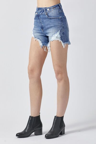 RISEN Raw Hem Asymmetrical Waist Denim Shorts - Jsopretty.com