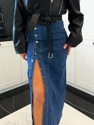 Front Button Slit Midi Denim Skirt - Jsopretty.com